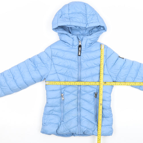 DKNY Girls Blue Hooded Puffer Jacket 6 Years Polyester Winter Quilted Zip Up