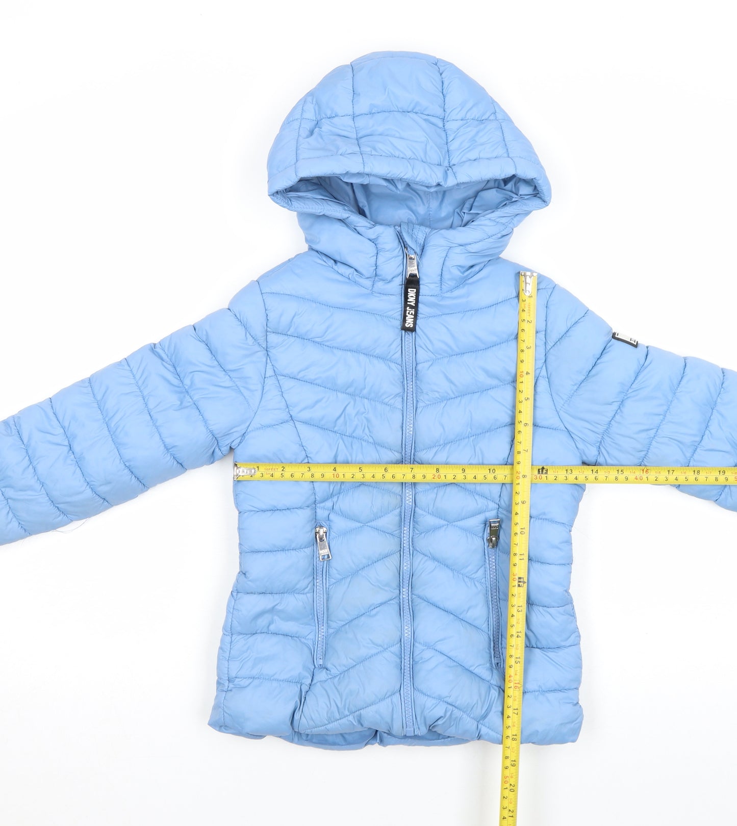 DKNY Girls Blue Hooded Puffer Jacket 6 Years Polyester Winter Quilted Zip Up