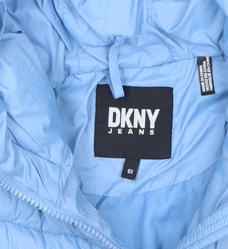 DKNY Girls Blue Hooded Puffer Jacket 6 Years Polyester Winter Quilted Zip Up