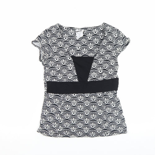 Next Womens Black Geometric V-Neck Tunic Top Size 10 Short Sleeve