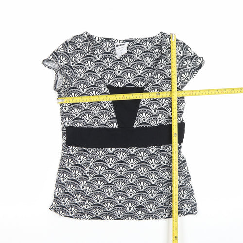 Next Womens Black Geometric V-Neck Tunic Top Size 10 Short Sleeve