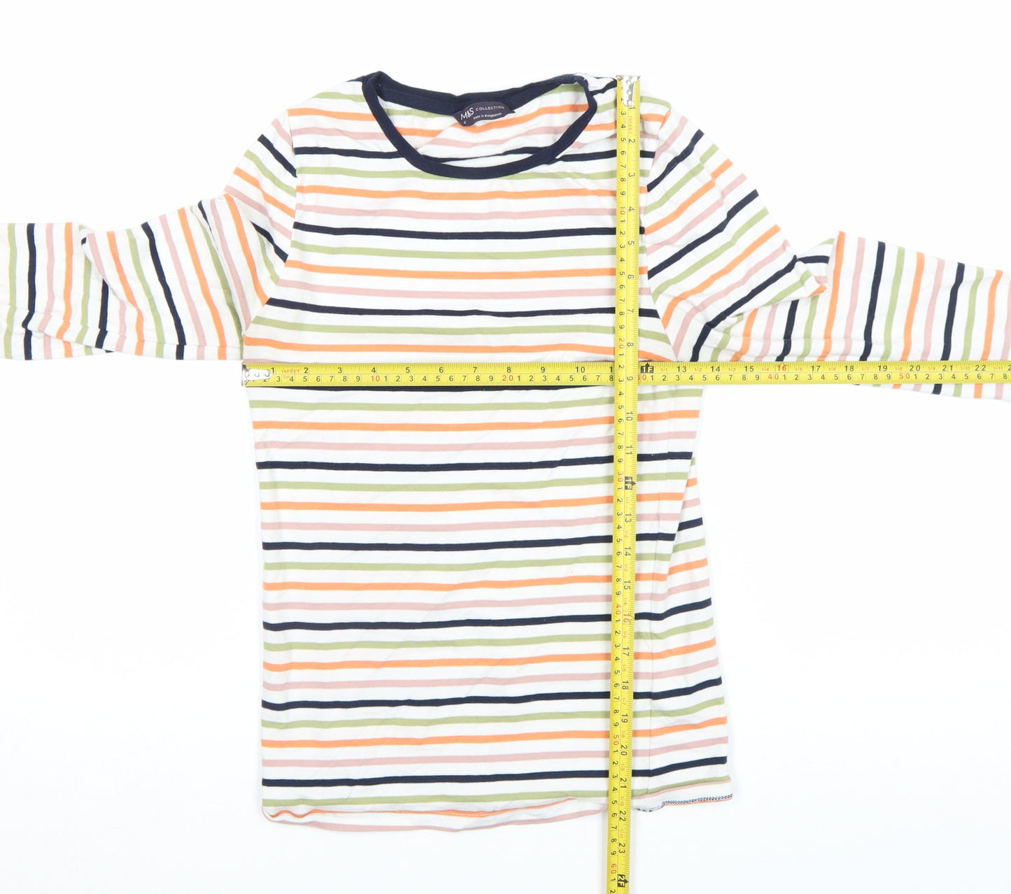 Marks and Spencer Women's Multicoloured Striped Long Sleeve Cotton T-Shirt Size 6
