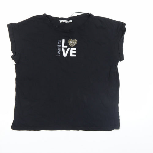 Pull&Bear Women's Black Sequin Love Print Short Sleeve T-Shirt Size M