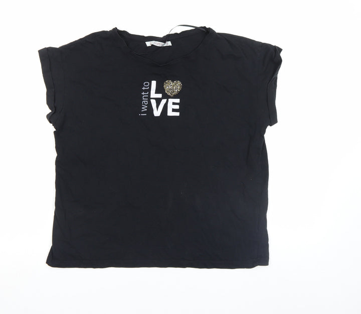 Pull&Bear Women's Black Sequin Love Print Short Sleeve T-Shirt Size M