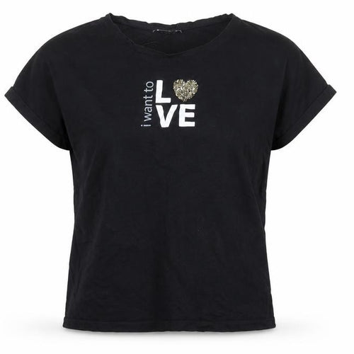 Pull&Bear Women's Black Sequin Love Print Short Sleeve T-Shirt Size M