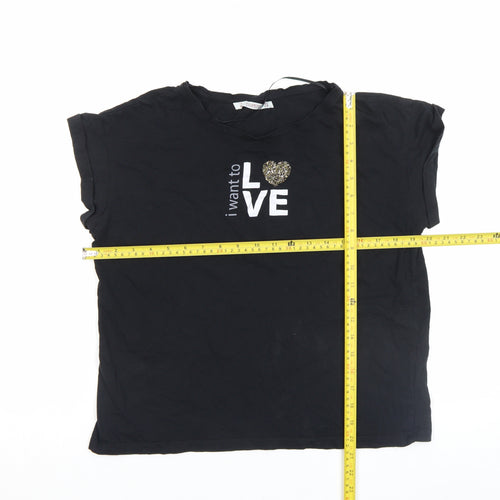 Pull&Bear Women's Black Sequin Love Print Short Sleeve T-Shirt Size M