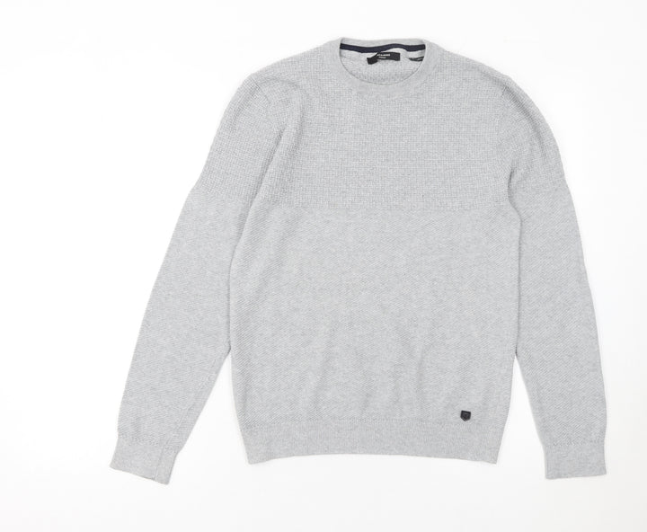 Jack & Jones Men’s Grey Waffle-Knit Crew Neck Jumper Size S