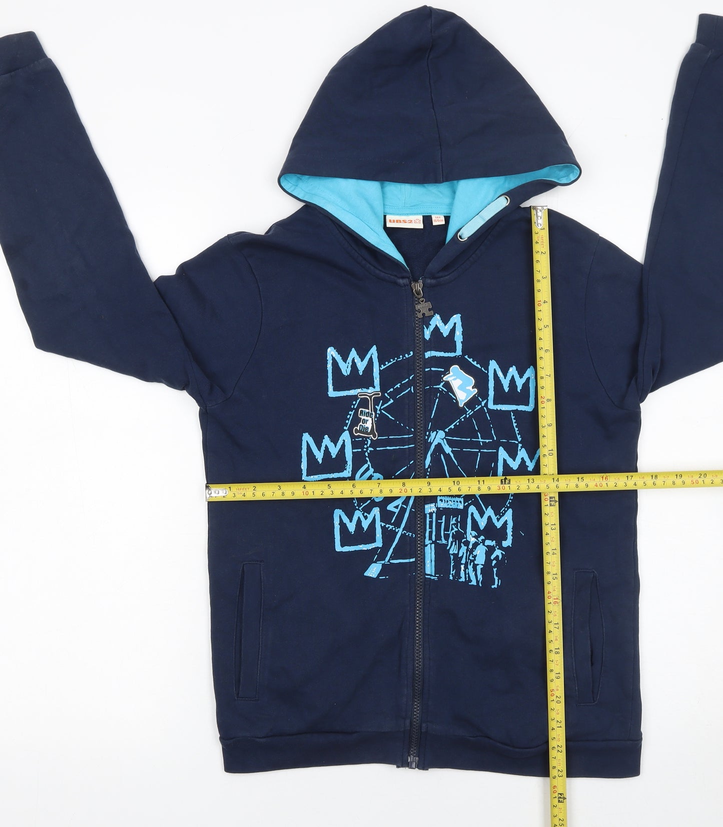 UBS2 Boys Blue Full Zip Graphic Hoodie 14 Years 164cm Cotton Casual