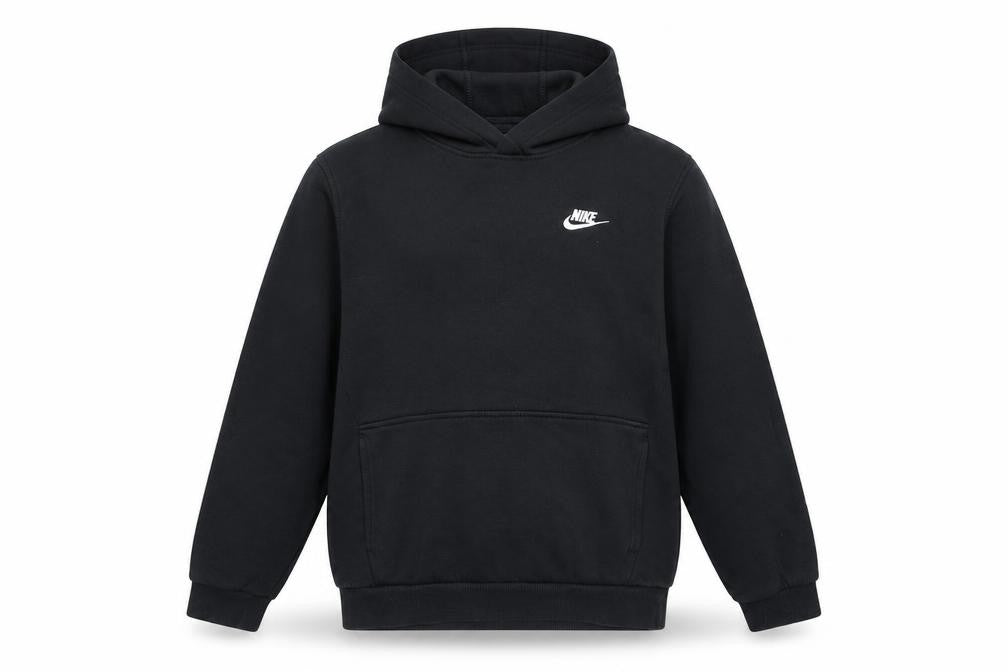 Front view of Nike boys’ black xl pullover fleece hoodie with logo