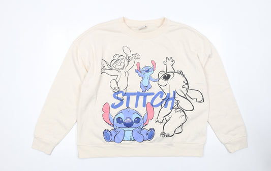 Front view of Primark women’s beige stitch sweatshirt, size L, 14/16 disney graphic