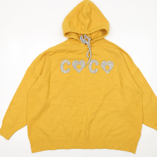 Enzoria Women Mustard Yellow Hooded Pullover Glitter COCO Sweatshirt One Size