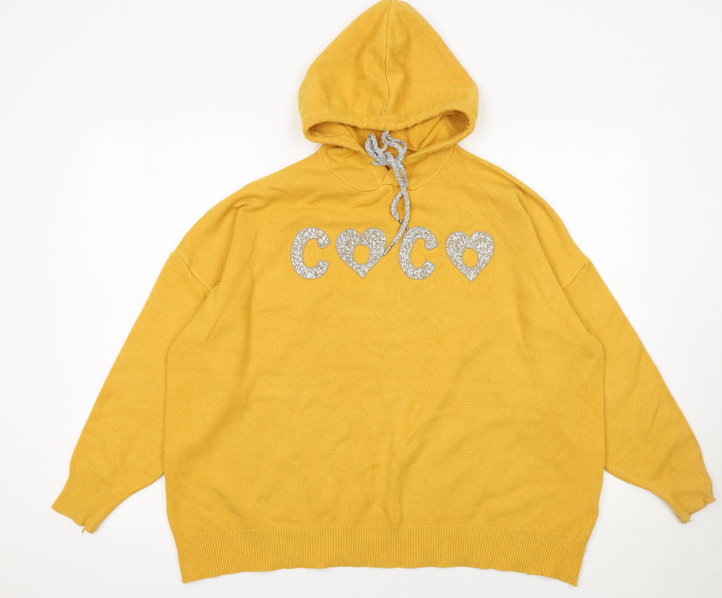 Enzoria Women Mustard Yellow Hooded Pullover Glitter COCO Sweatshirt One Size