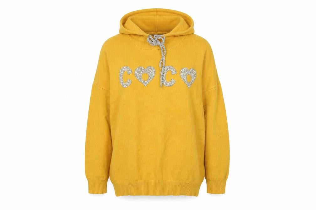Front view of Enzoria Women Mustard Yellow Hooded Pullover Glitter COCO Sweatshirt One Size