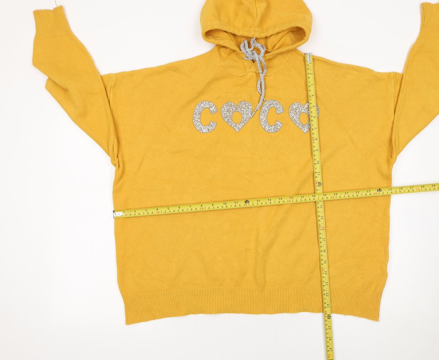 Enzoria Women Mustard Yellow Hooded Pullover Glitter COCO Sweatshirt One Size