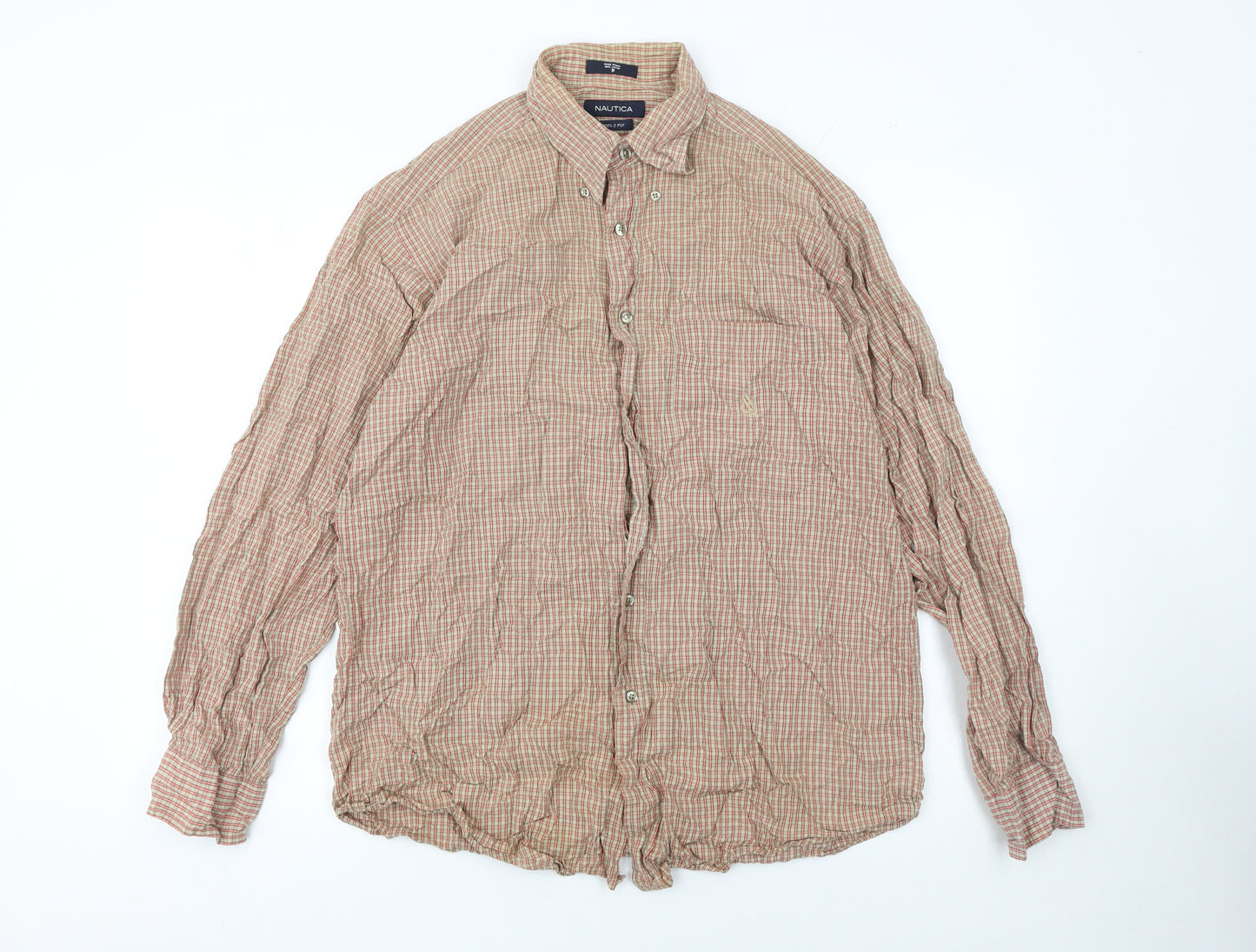 Nautica Men's Beige Check Button-Up Cotton Shirt Size M