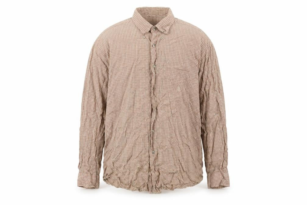Front view of Nautica Men's Beige Check Button-Up Cotton Shirt, size M