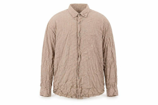 Front view of Nautica Men's Beige Check Button-Up Cotton Shirt, size M