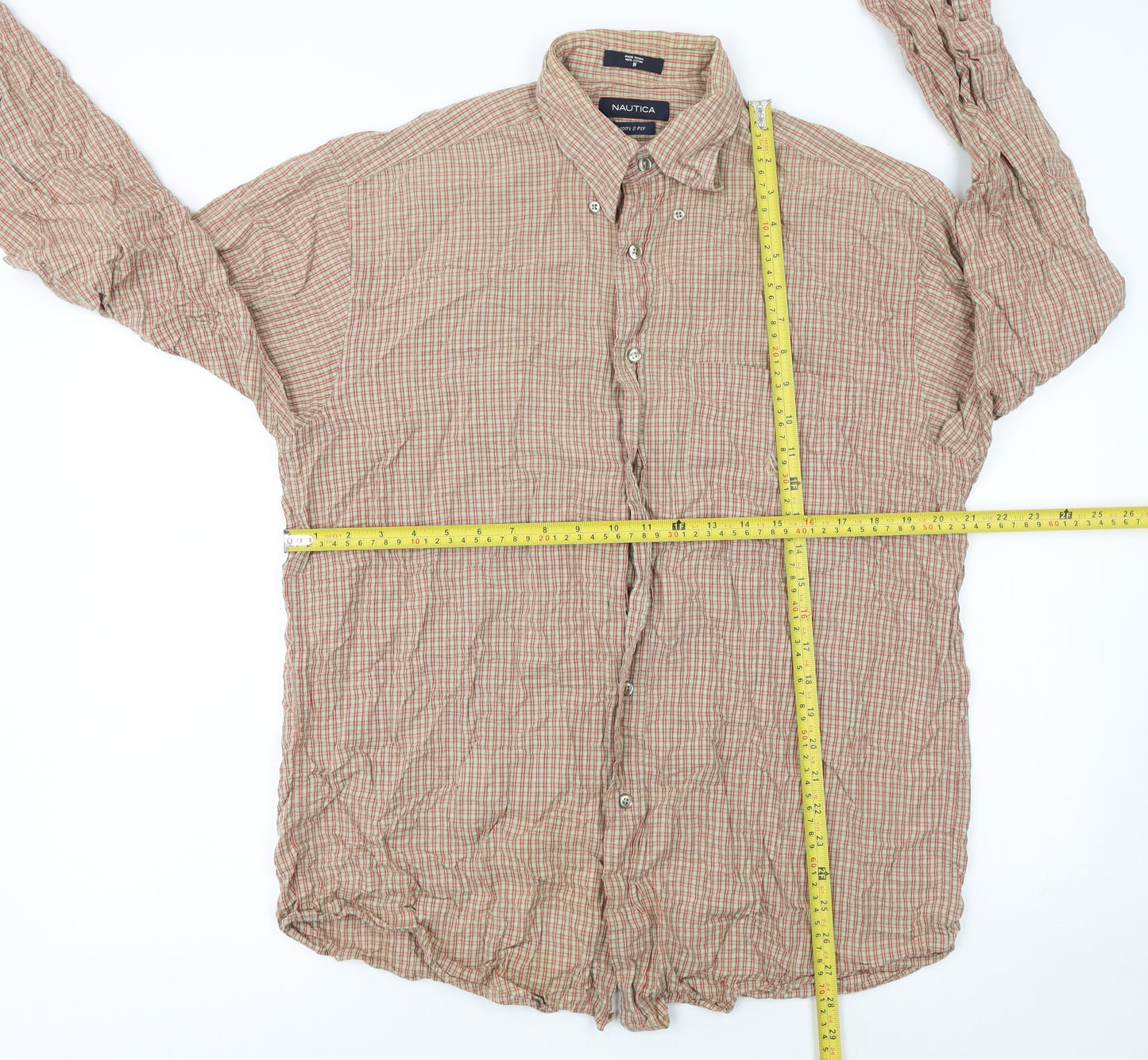 Nautica Men's Beige Check Button-Up Cotton Shirt Size M