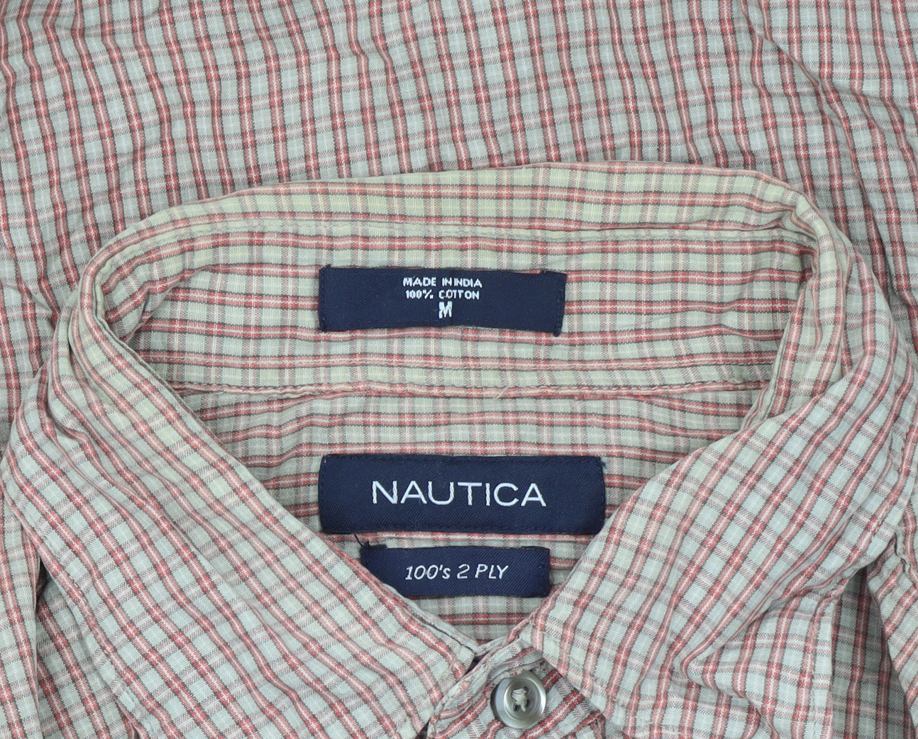 Nautica Men's Beige Check Button-Up Cotton Shirt Size M