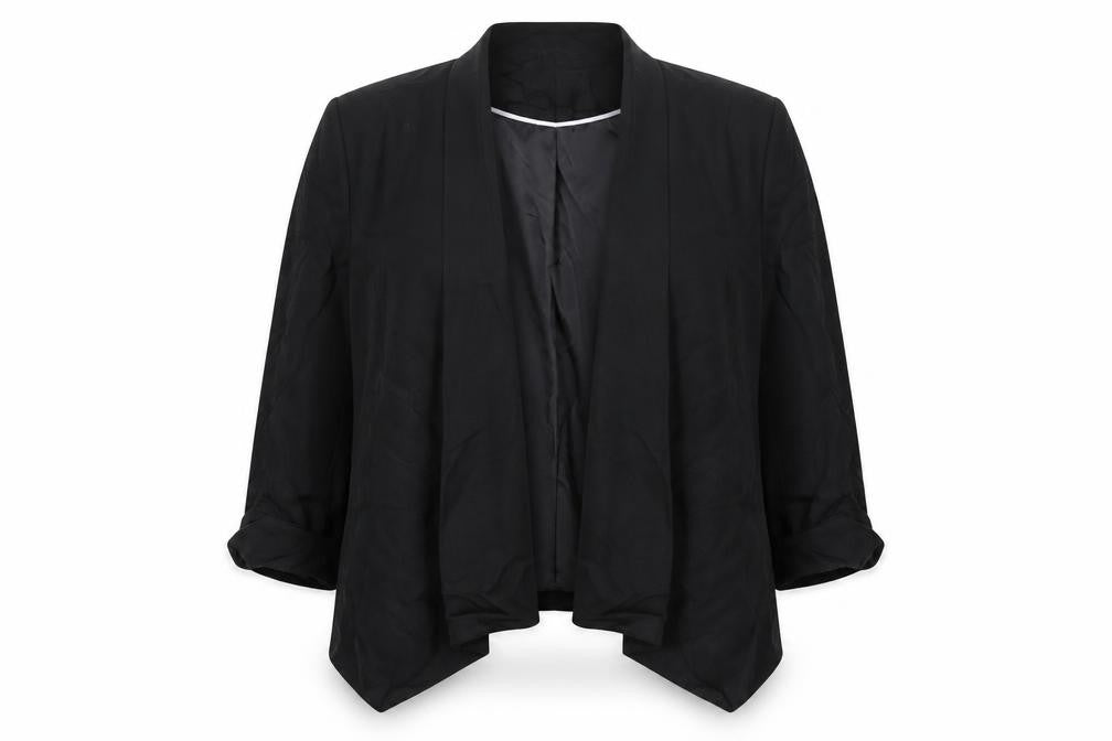 Front view of Principles by Ben de Lisi women’s black shawl collar blazer, size UK 18