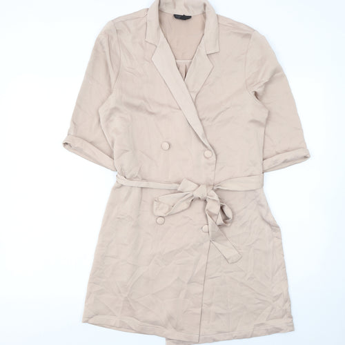 Topshop Women Beige Double-Breasted Belted Shorts Suit UK 10