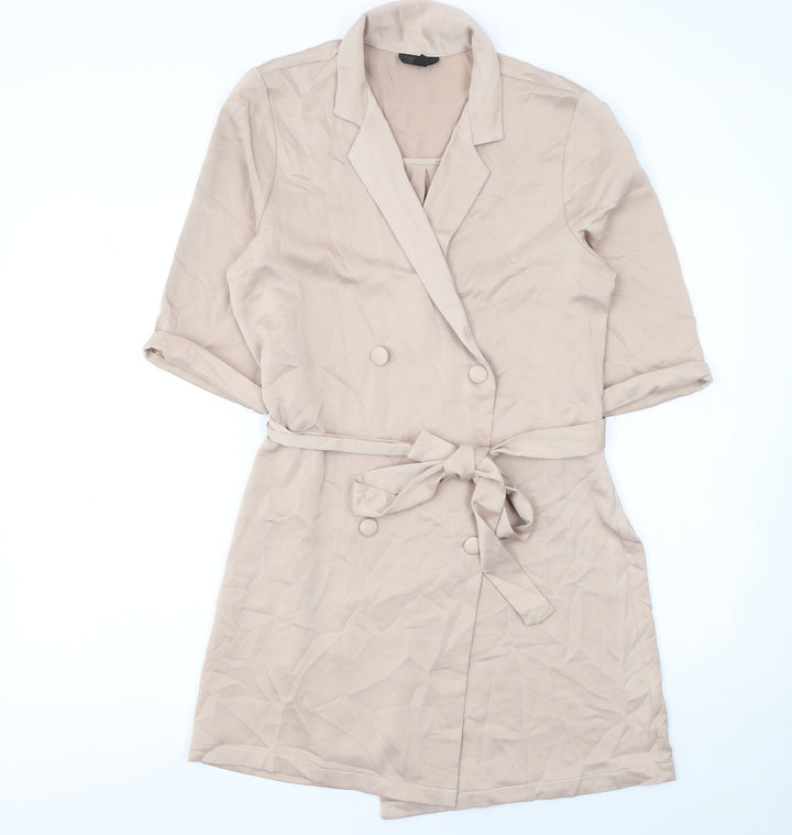Topshop Women Beige Double-Breasted Belted Shorts Suit UK 10