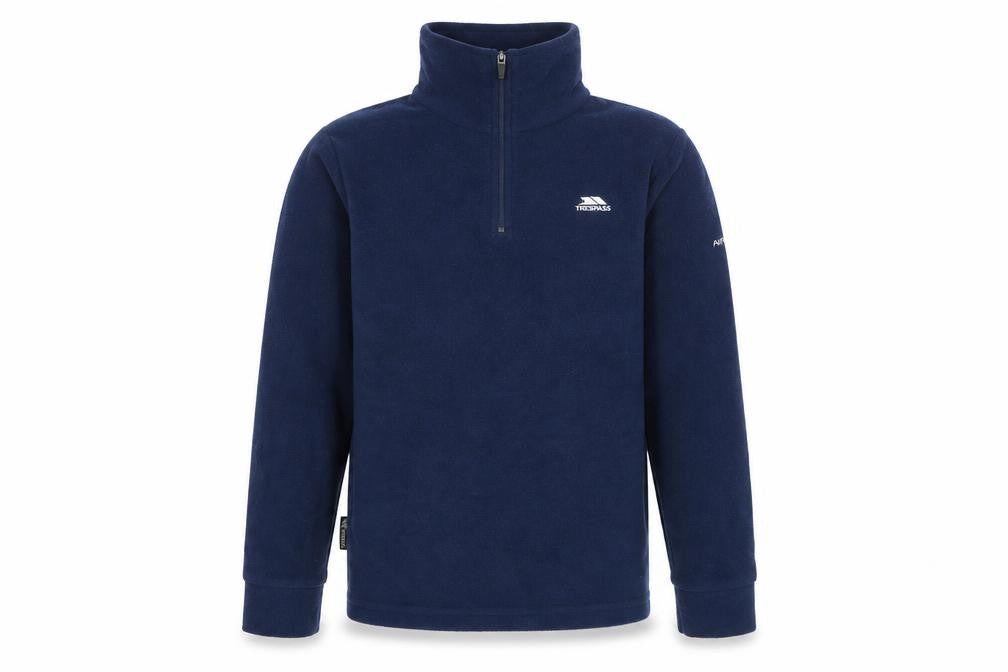 Front view of Trespass boys’ navy blue fleece pullover sweatshirt 7-8 years half zip warm