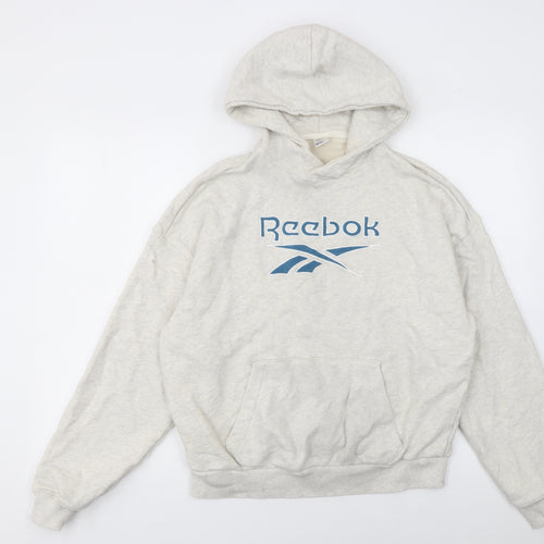 Reebok Women Beige Hooded Pullover Sweatshirt M Cotton Logo Print