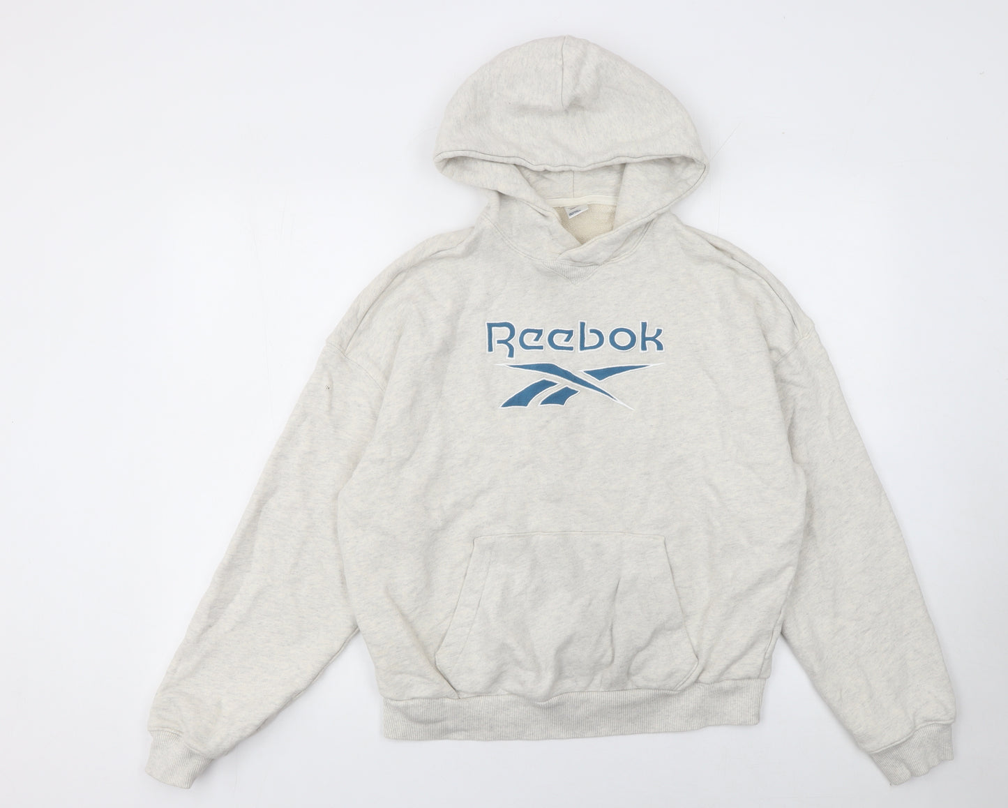 Reebok Women Beige Hooded Pullover Sweatshirt M Cotton Logo Print