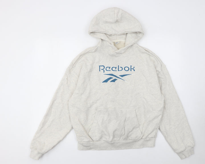 Reebok Women Beige Hooded Pullover Sweatshirt M Cotton Logo Print
