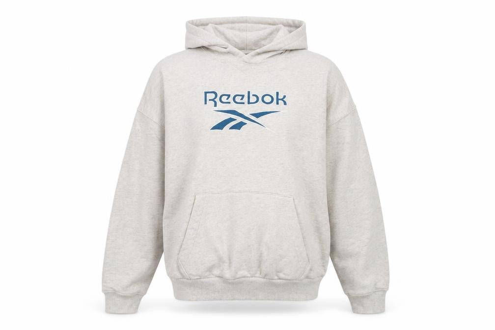 Front view of Reebok Women Beige Hooded Pullover Sweatshirt M Cotton Logo Print