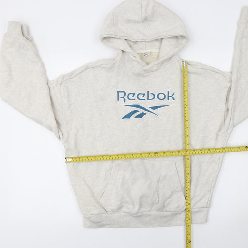 Reebok Women Beige Hooded Pullover Sweatshirt M Cotton Logo Print