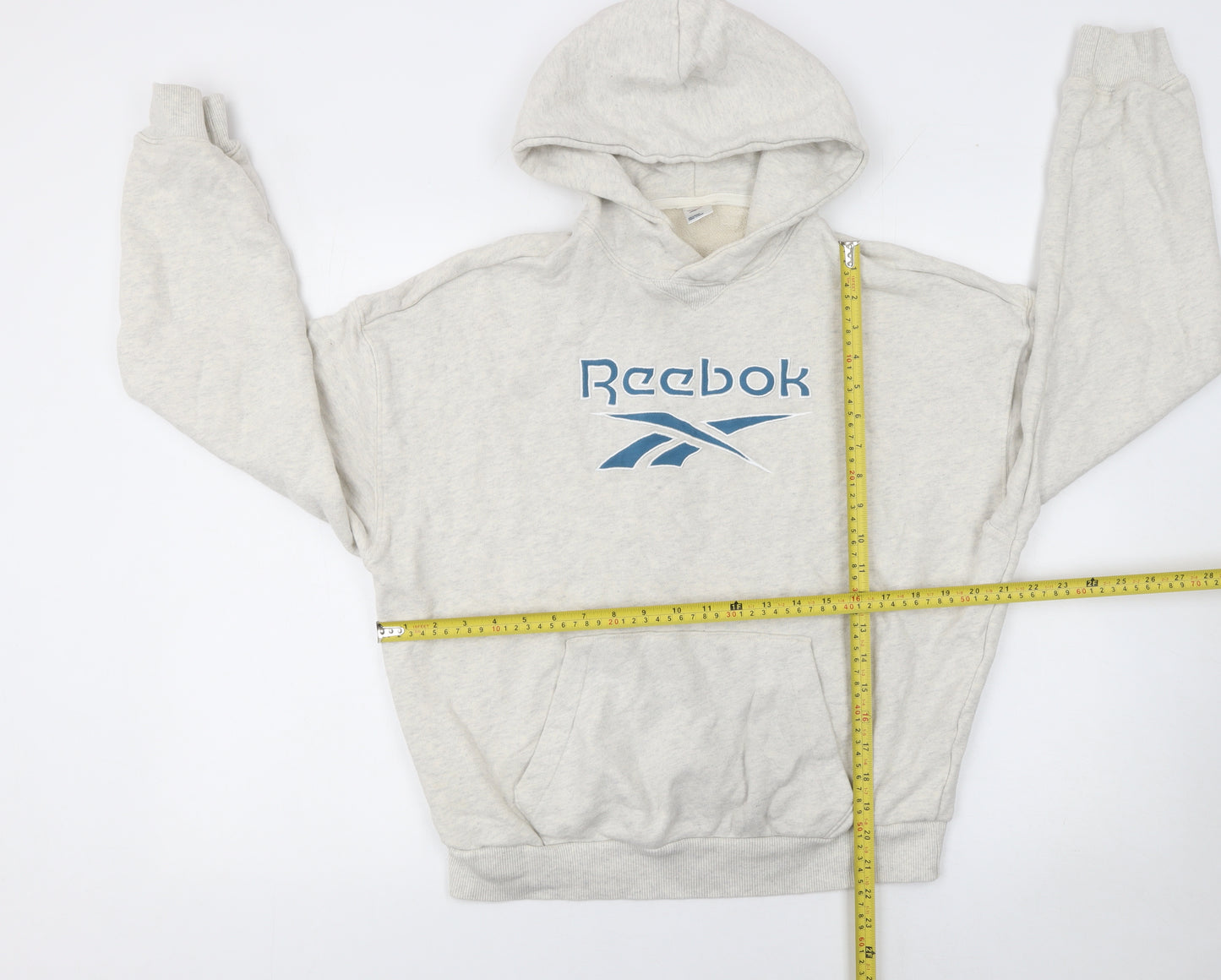 Reebok Women Beige Hooded Pullover Sweatshirt M Cotton Logo Print