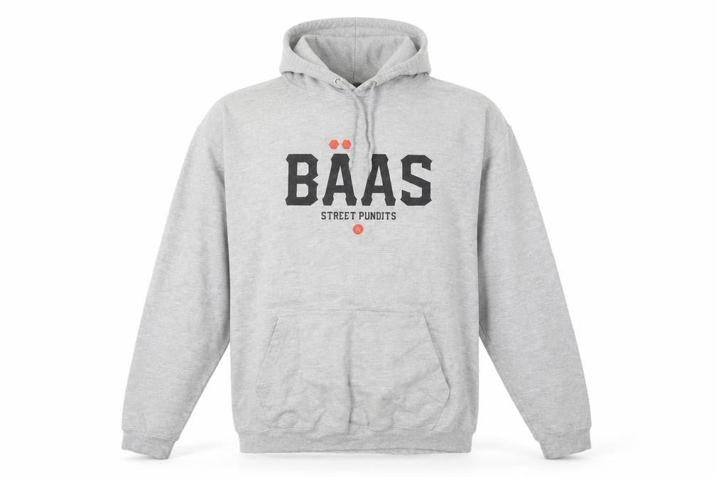 Front view of Baas Men's Grey Pullover Hoodie L Street Style Graphic Cotton