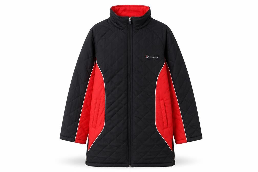 Front view of Champion boys’ black quilted full zip winter jacket, size 11-12, years