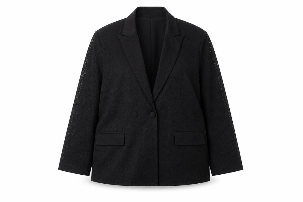 Front view of The Frolic Women's Black Lace Double-Breasted Blazer, size 16