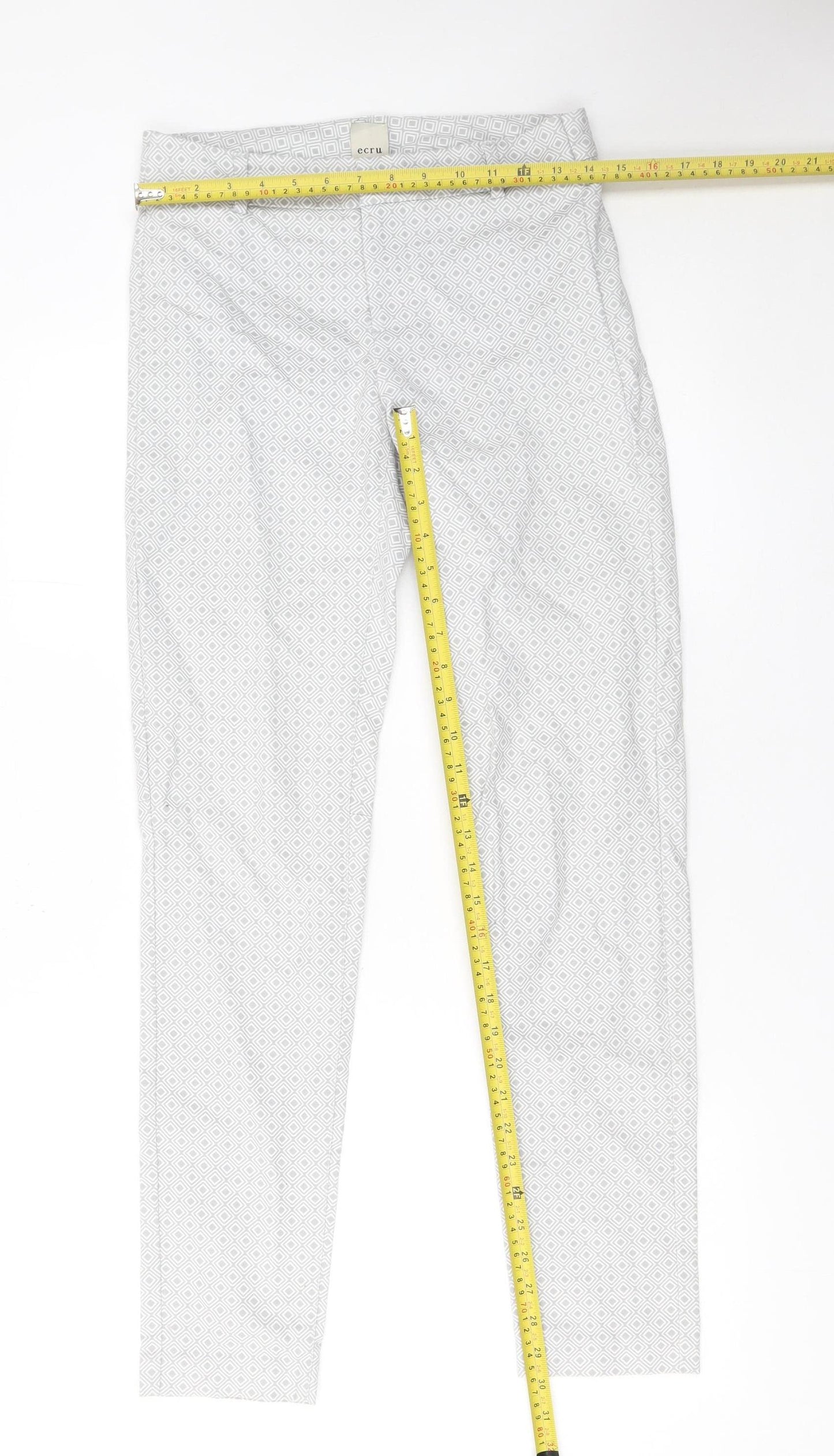Ecru Women's Grey Geometric Cotton Blend Skinny Trousers UK 10