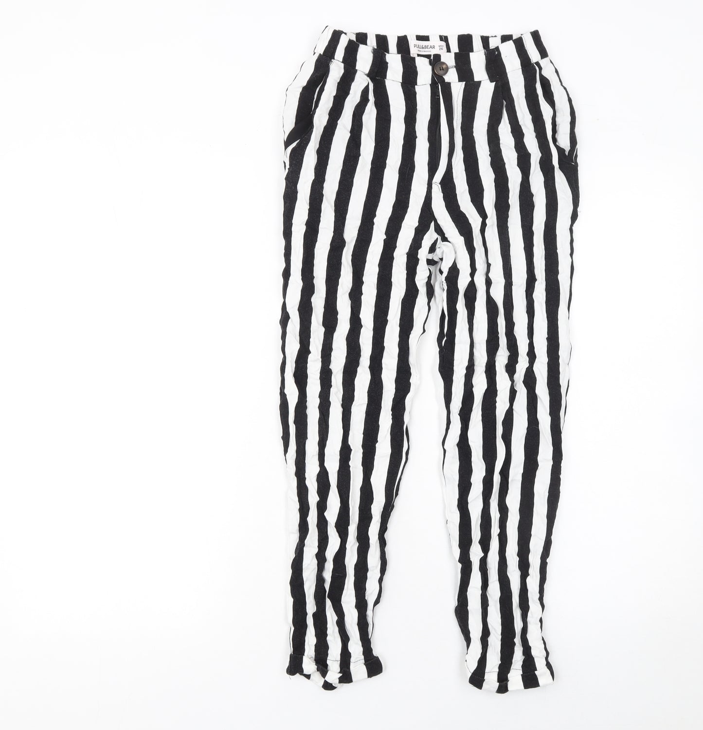 Pull&Bear Womens Black White Striped Viscose Tapered Trousers Size 8