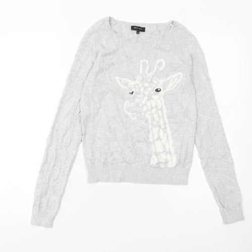 New Look Women Grey Cotton Giraffe Jumper Size 6 Crew Neck