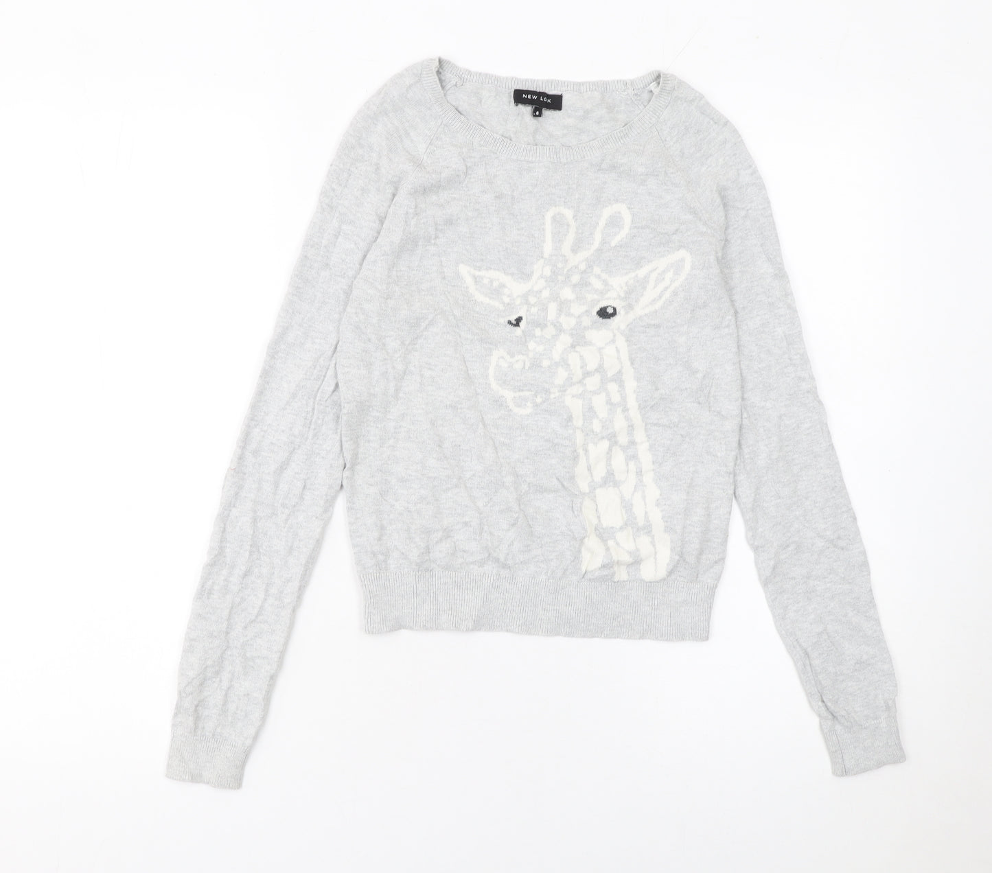 New Look Women Grey Cotton Giraffe Jumper Size 6 Crew Neck