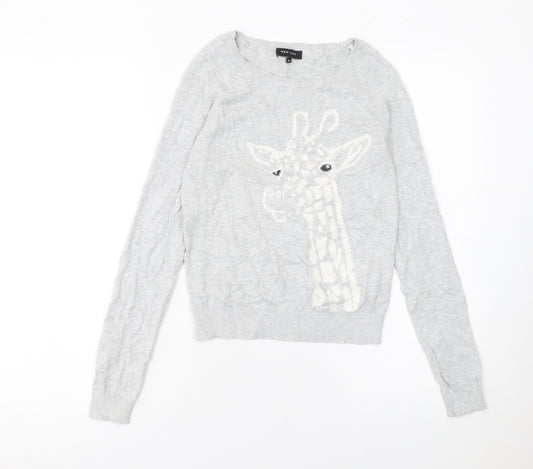 New Look Women Grey Cotton Giraffe Jumper Size 6 Crew Neck