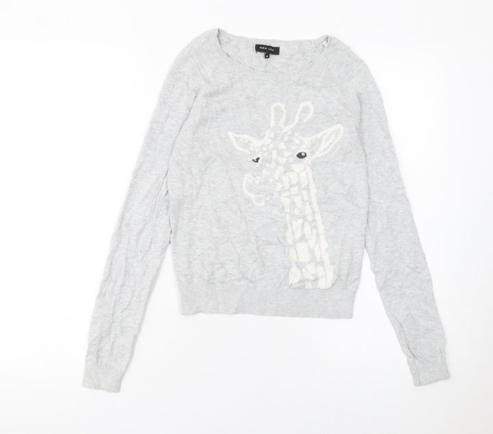 New Look Women Grey Cotton Giraffe Jumper Size 6 Crew Neck