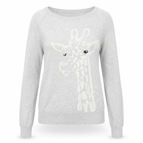 New Look Women Grey Cotton Giraffe Jumper Size 6 Crew Neck