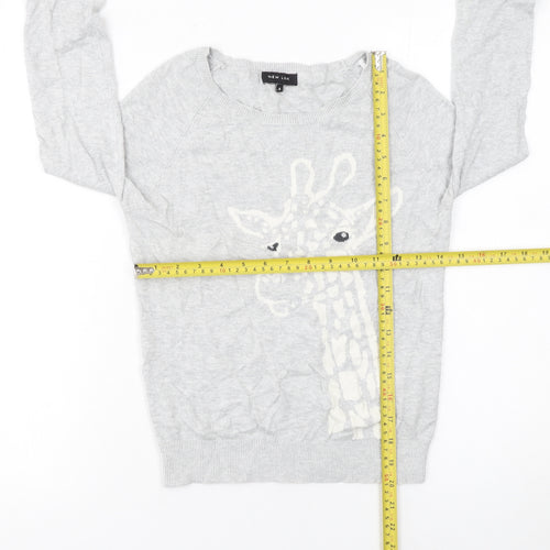New Look Women Grey Cotton Giraffe Jumper Size 6 Crew Neck
