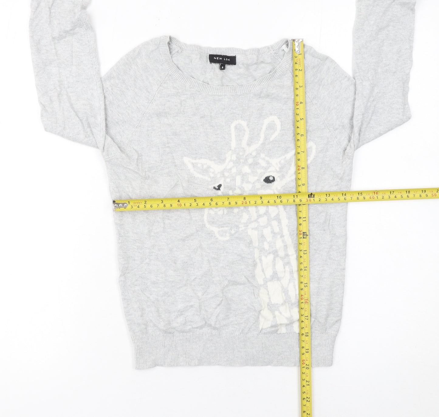 New Look Women Grey Cotton Giraffe Jumper Size 6 Crew Neck