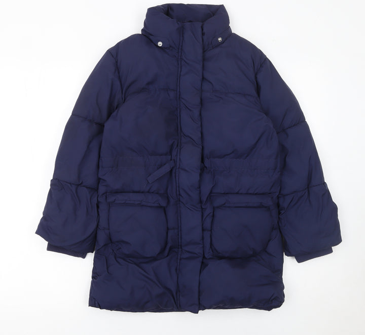 H&M Girls Blue Puffer Coat 8-9 Years Long Quilted Winter Jacket