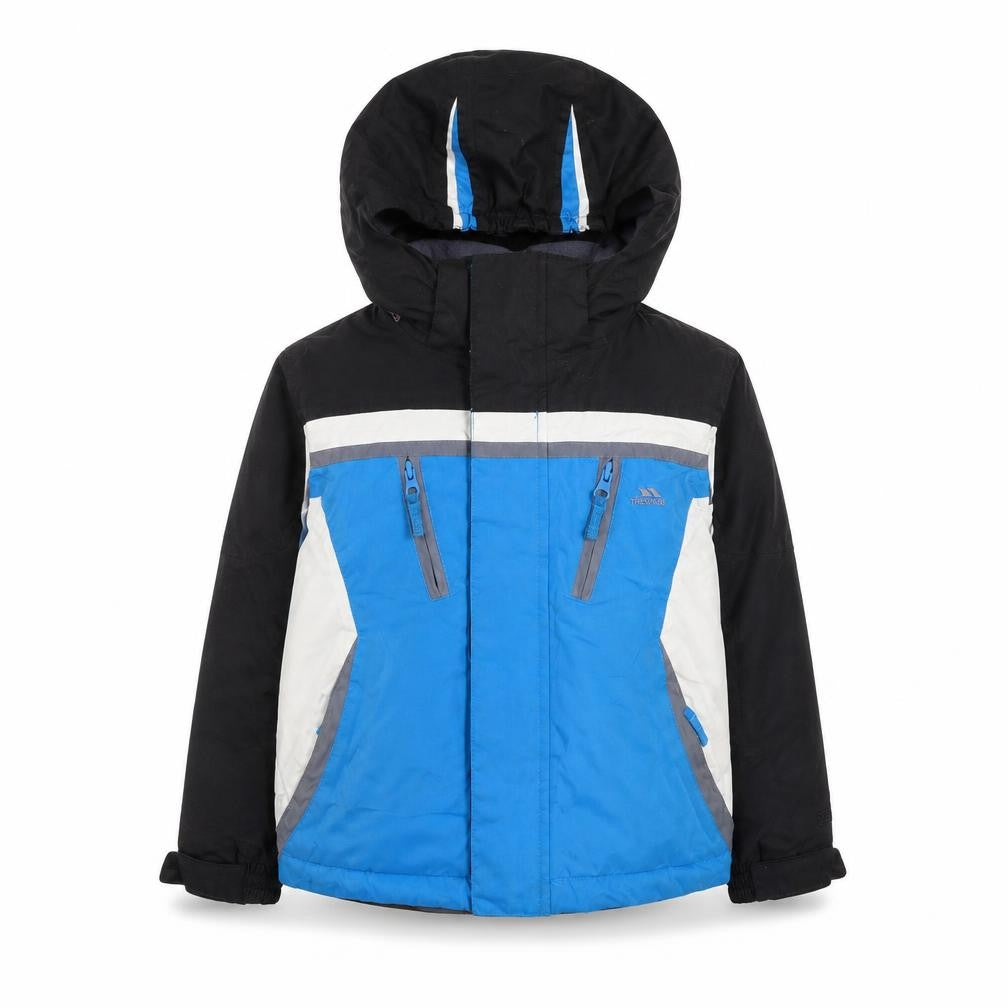 Front view of Trespass boys’ blue waterproof winter puffer jacket 3-4 years