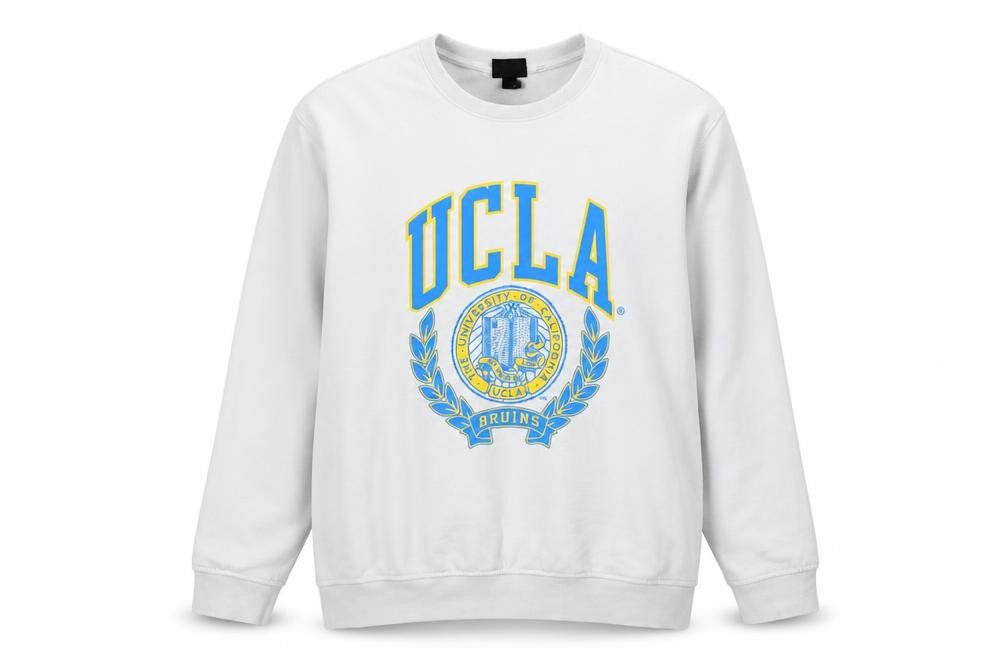Front view of H&M Women’s White UCLA Logo Pullover Sweatshirt, size L, Cotton Blend