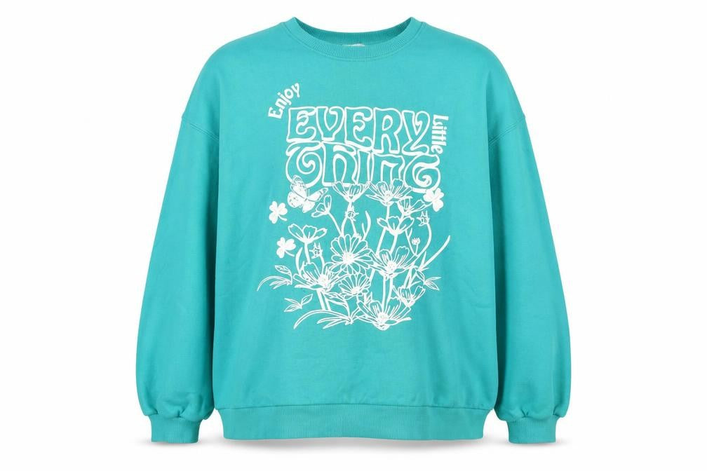 Front view of Bershka Women’s Blue Floral Graphic Pullover Sweatshirt XL
