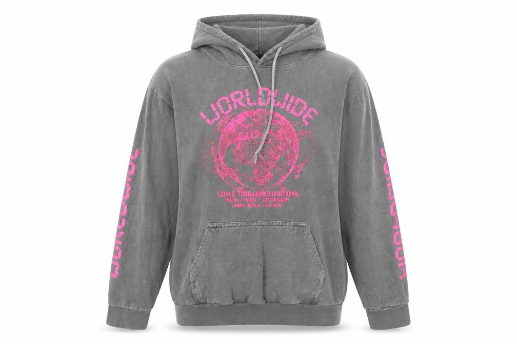 Front view of PRETTYLITTLETHING Women Grey Pullover Hoodie, size S, Worldwide Graphic